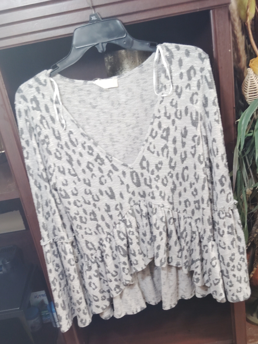 Altar'd State Taupe and Gray Leopard Print V-Neck Ruffle Tunic